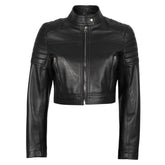 Women's Black Cropped Biker Style Sheepskin Leather Jacket