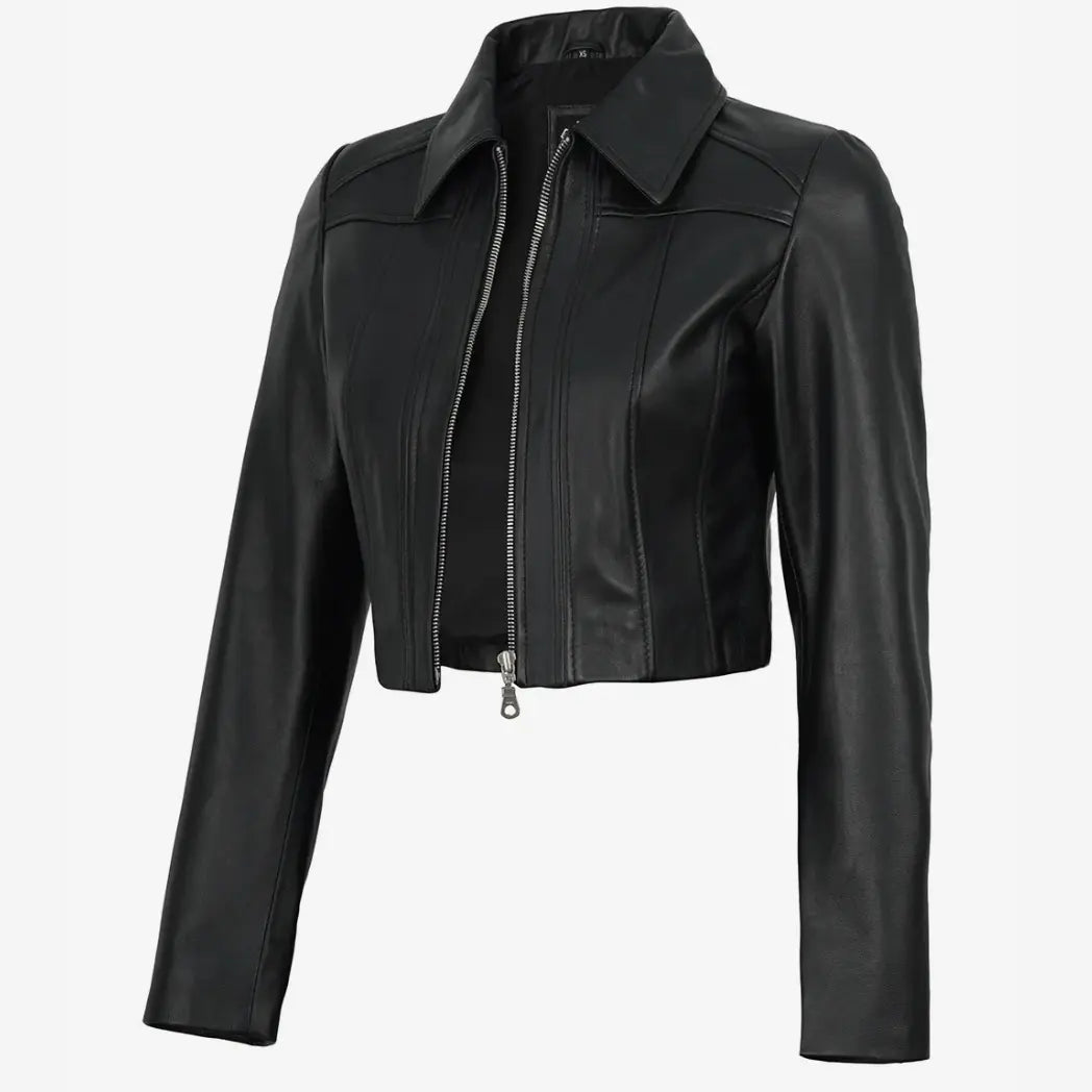 Women's Black Cropped Leather Jacket with Shirt Collar