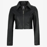 Women's Black Cropped Leather Jacket with Shirt Collar