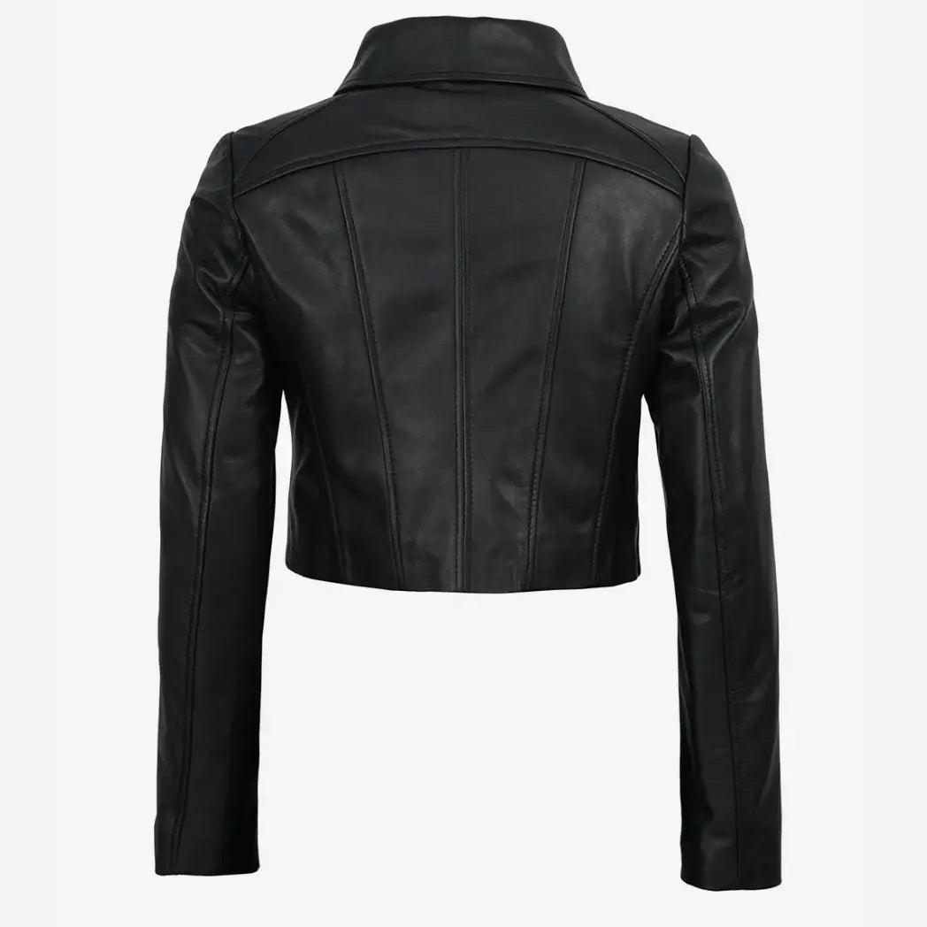 Women's Black Cropped Leather Jacket with Shirt Collar