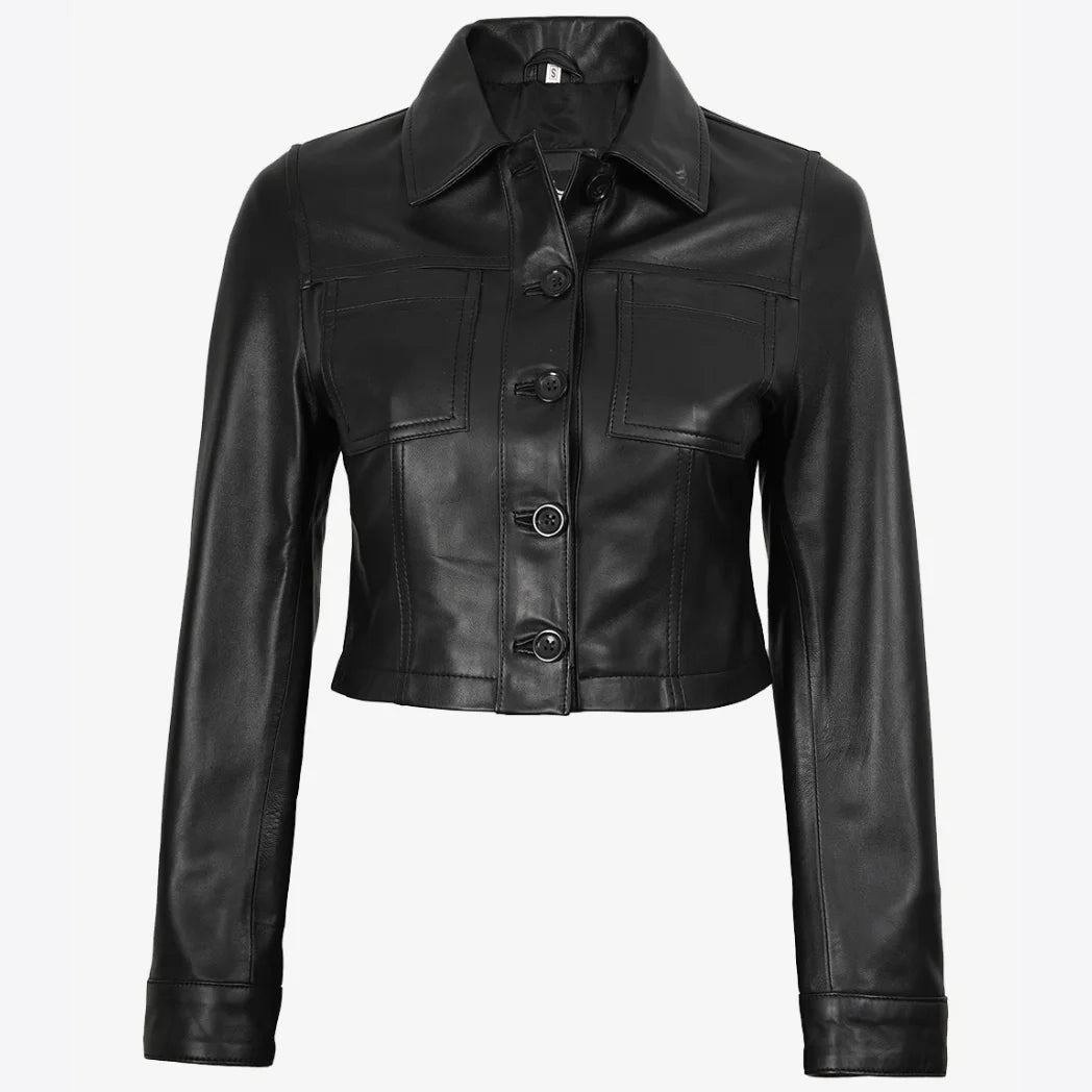 Women's Black Cropped Real Lambskin Leather Jacket