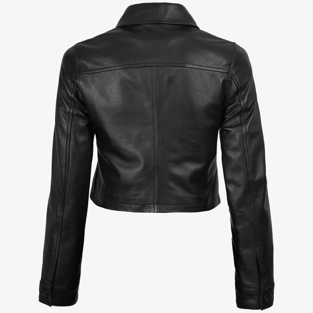 Women's Black Cropped Real Lambskin Leather Jacket