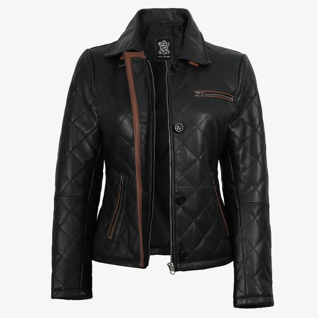 Women's Black Diamond Quilted Leather Jacket with Brown Trim