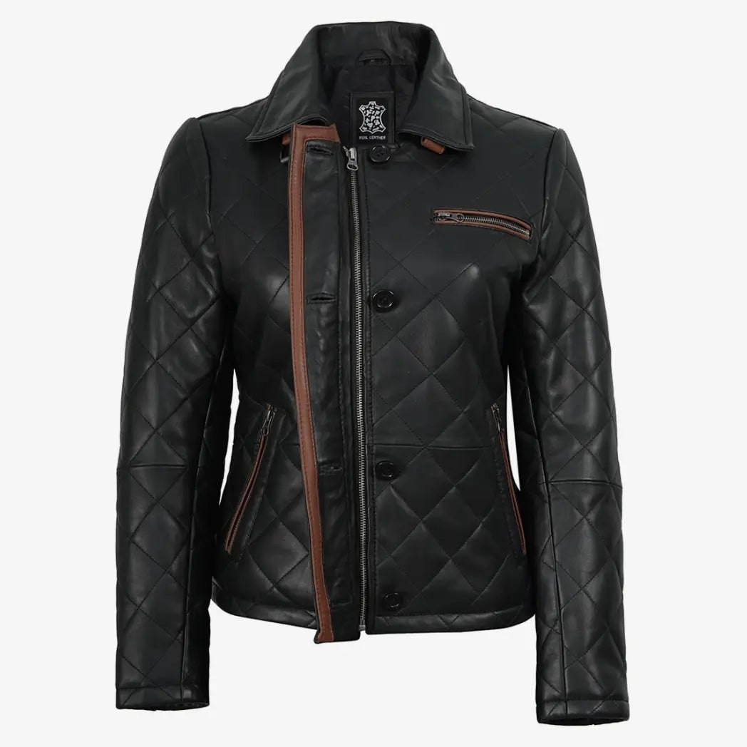 Women's Black Diamond Quilted Leather Jacket with Brown Trim