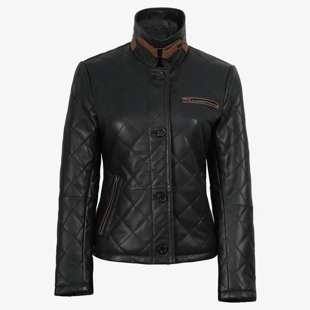 Women's Black Diamond Quilted Leather Jacket with Brown Trim