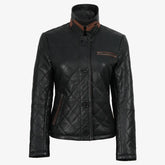 Women's Black Diamond Quilted Leather Jacket with Brown Trim