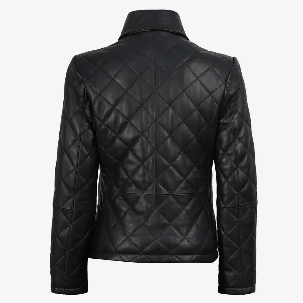 Women's Black Diamond Quilted Leather Jacket with Brown Trim