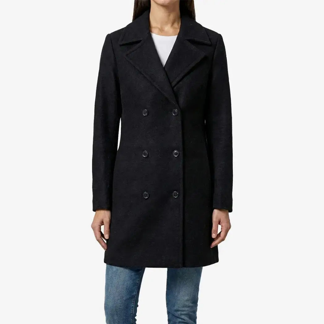 Women's Black Double-Breasted Wool Overcoat
