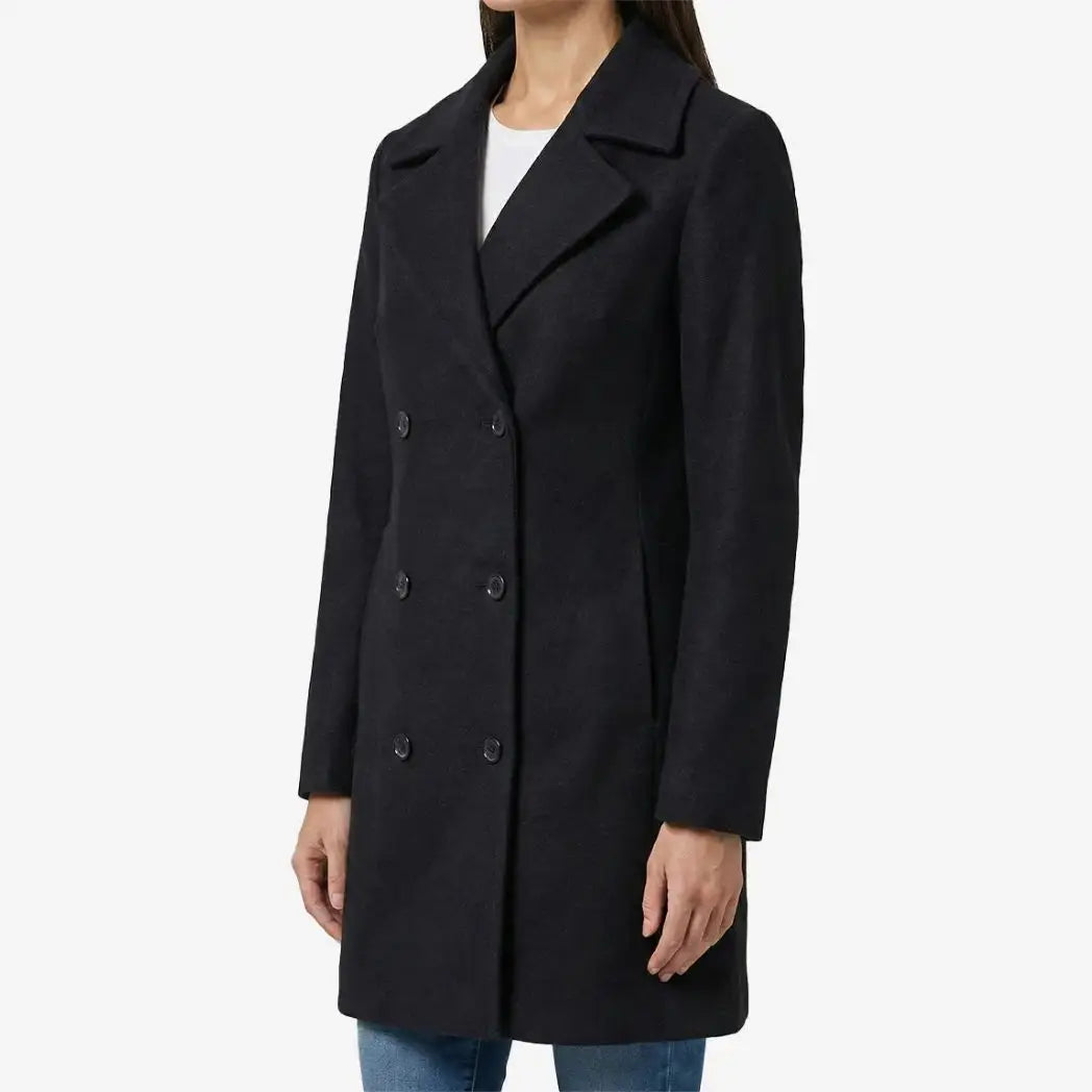 Women's Black Double-Breasted Wool Overcoat