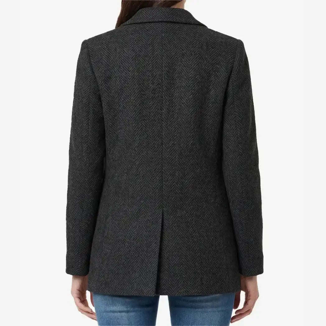 Women's Black Double Breasted Herringbone Wool Blazer