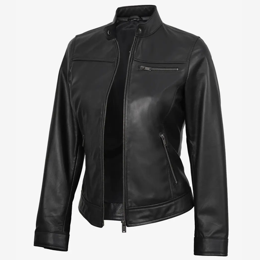 Women's Black Lambskin Biker Style Leather Jacket