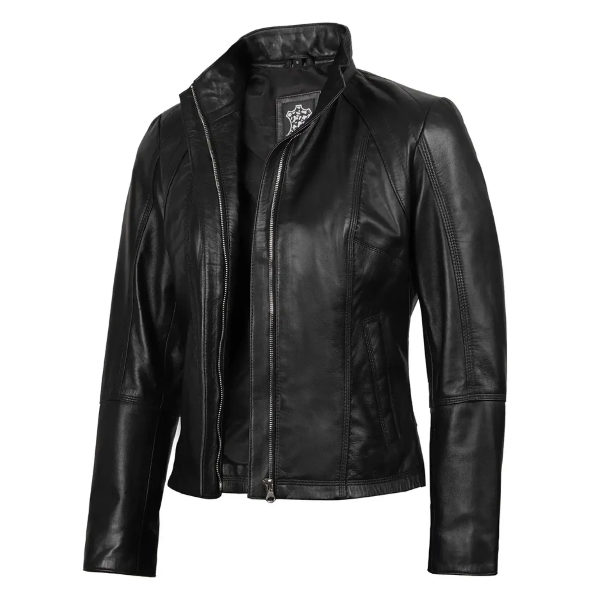 Acerra Women's Black Leather Biker Style Jacket on a white background