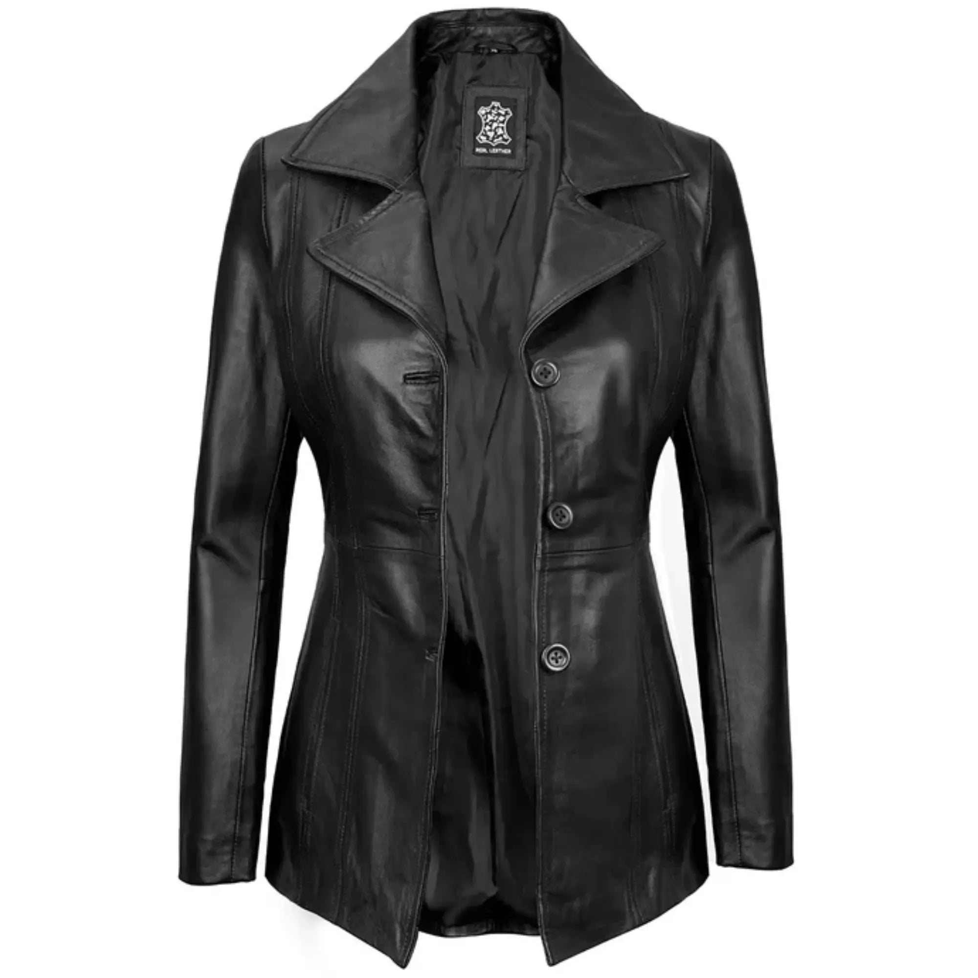 Women's Black Leather Blazer with Three Button