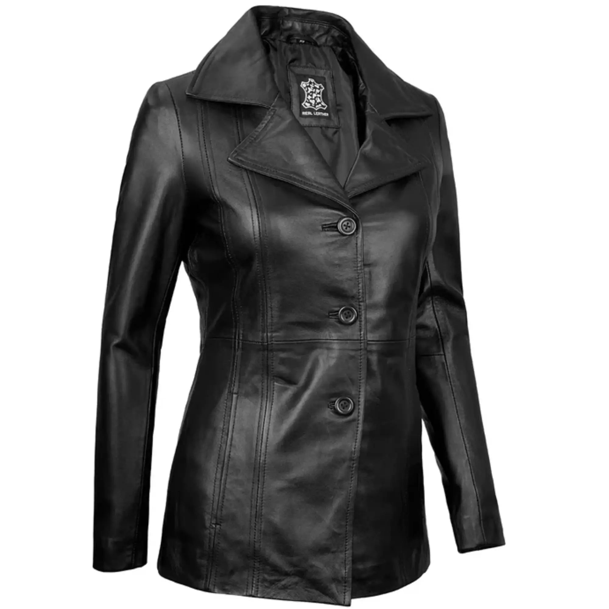 Women's Black Leather Blazer with Three Button