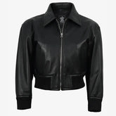 Women's Black Leather Cropped Style Bomber Jacket