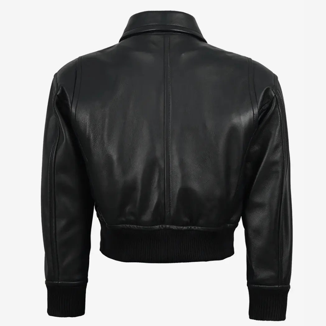 Women's Black Leather Cropped Style Bomber Jacket