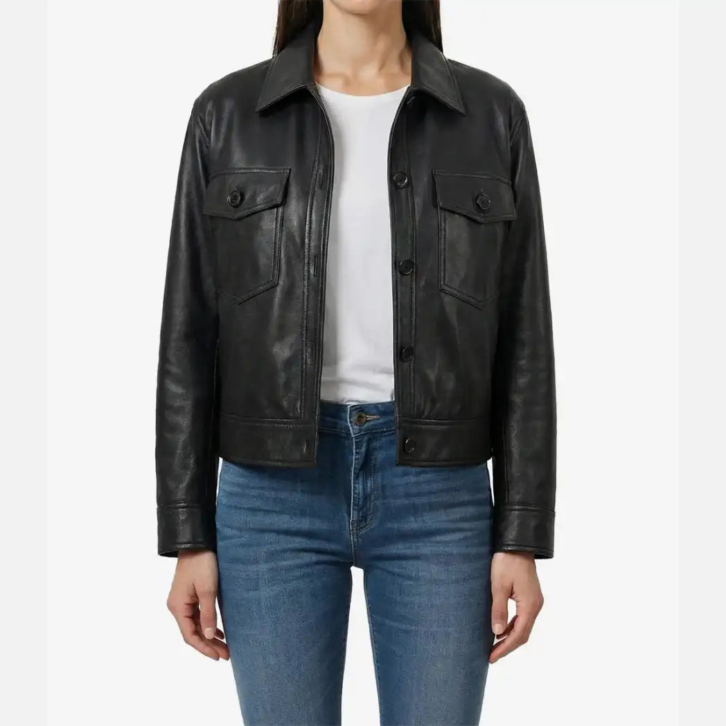 Women's Black Leather Drop Shoulder Trucker Jacket
