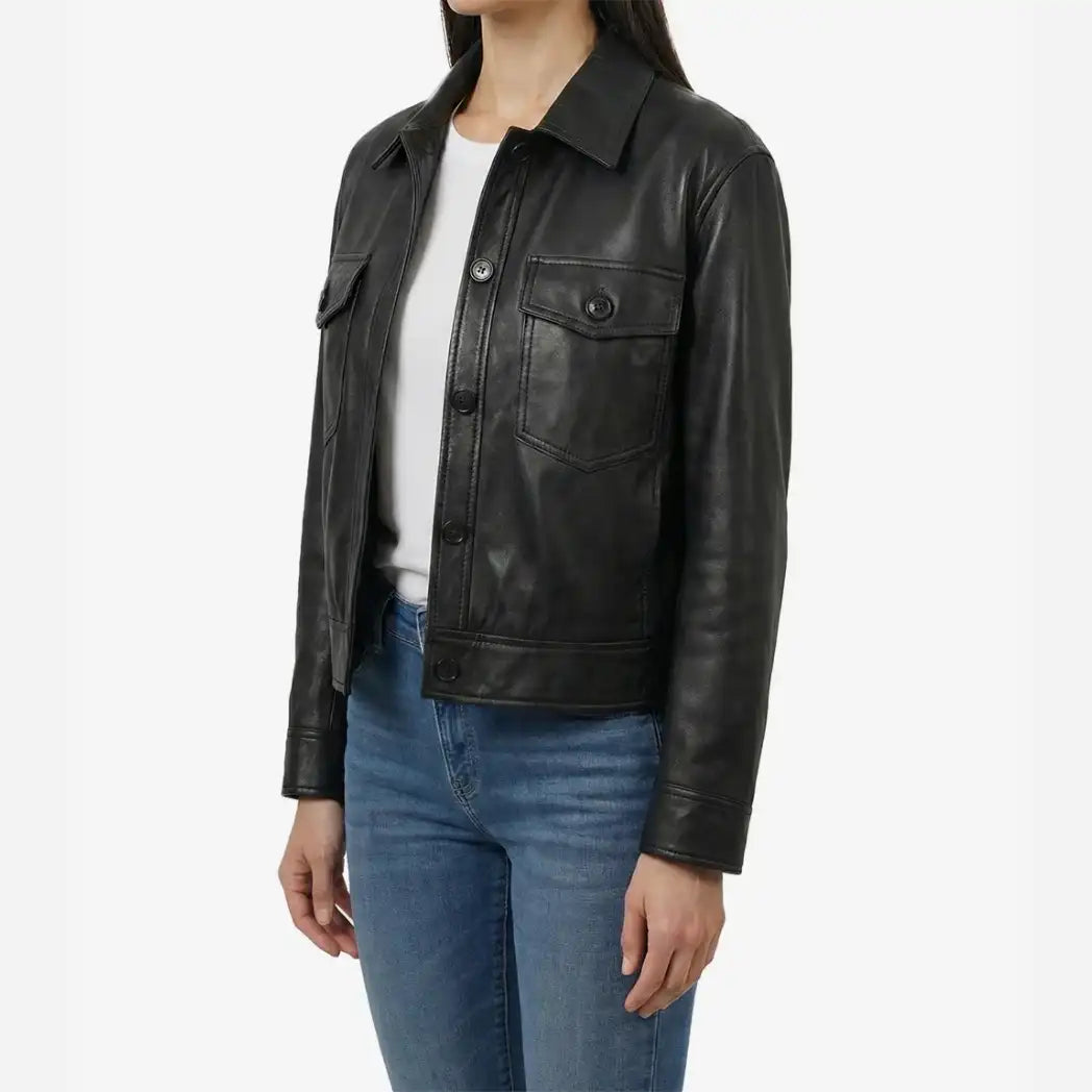 Women's Black Leather Drop Shoulder Trucker Jacket