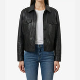 Women's Black Leather Drop Shoulder Trucker Jacket