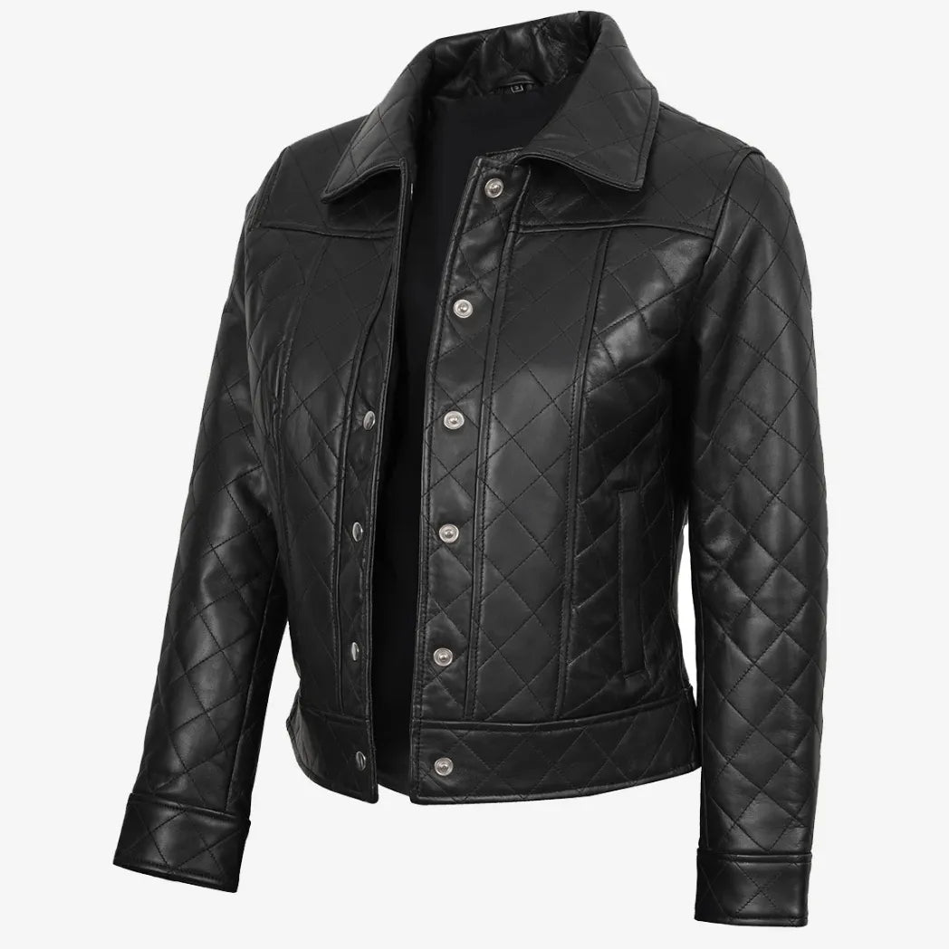 Women's Black Quilted Harrington Style Leather Jacket
