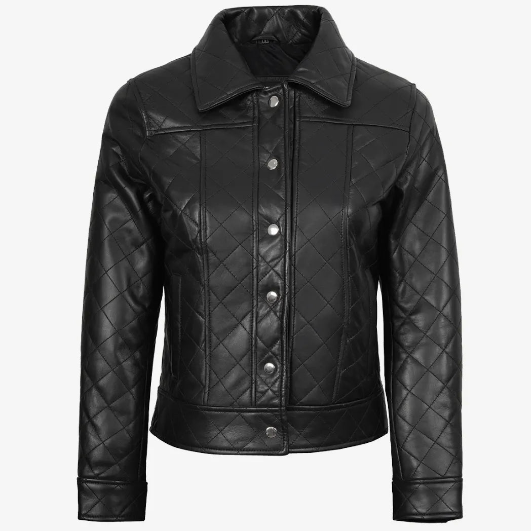 Women's Black Quilted Harrington Style Leather Jacket