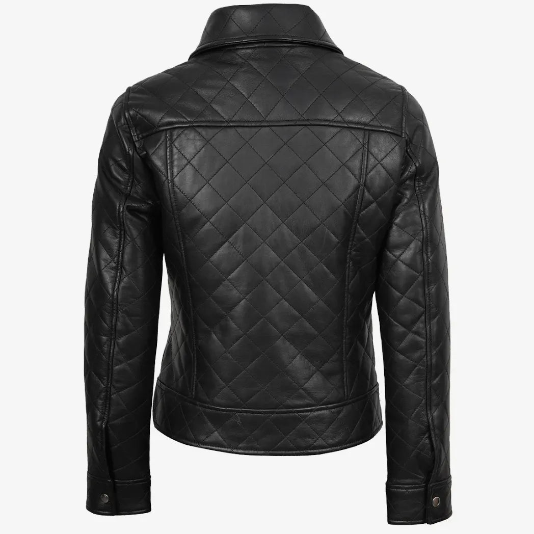 Women's Black Quilted Harrington Style Leather Jacket
