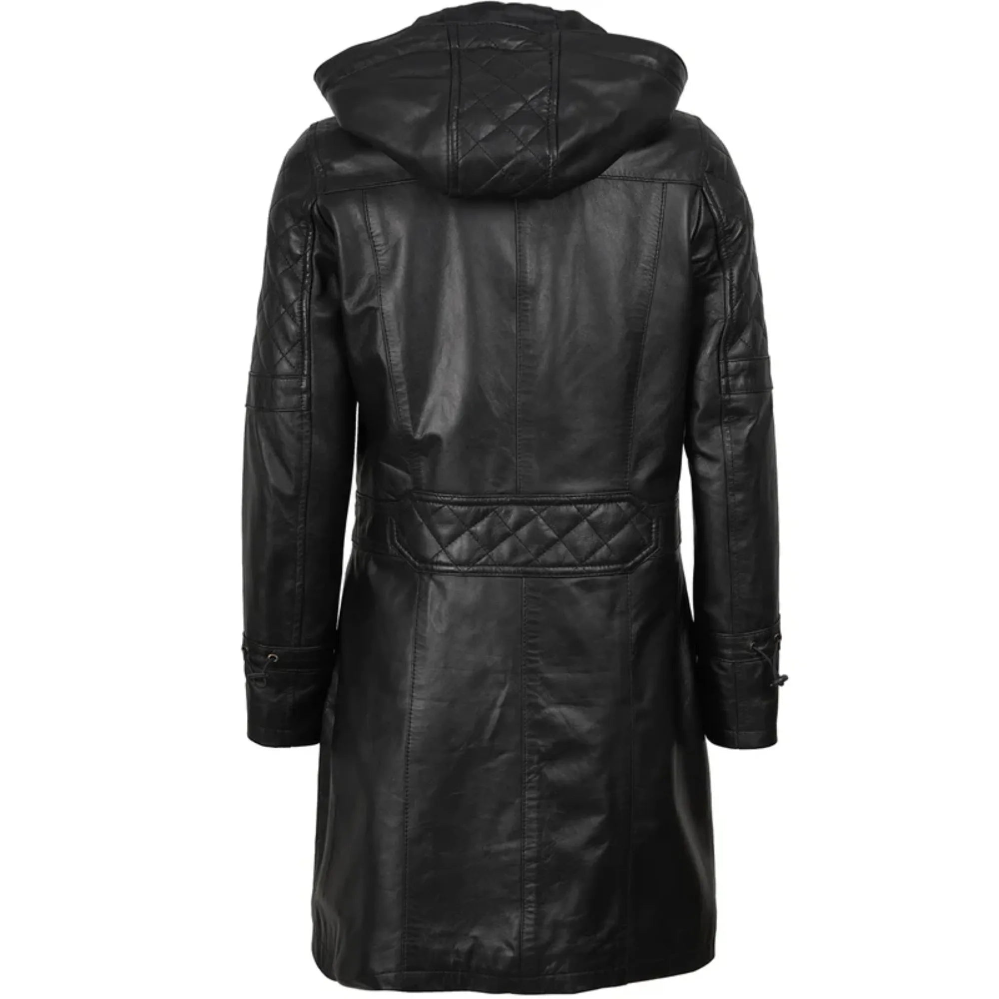 Women’s Black Quilted Leather Coat With Removable Hood