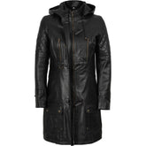 Women’s Black Quilted Leather Coat With Removable Hood