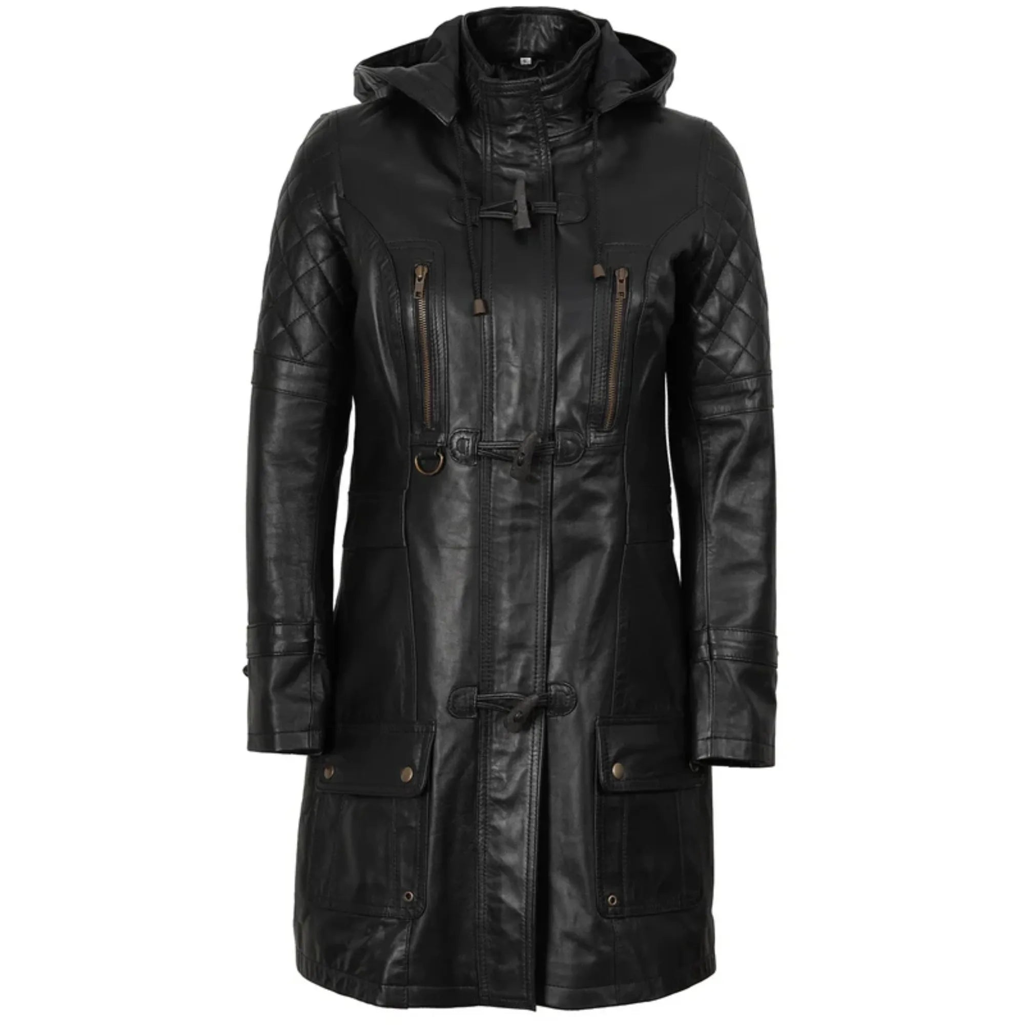 Women’s Black Quilted Leather Coat With Removable Hood