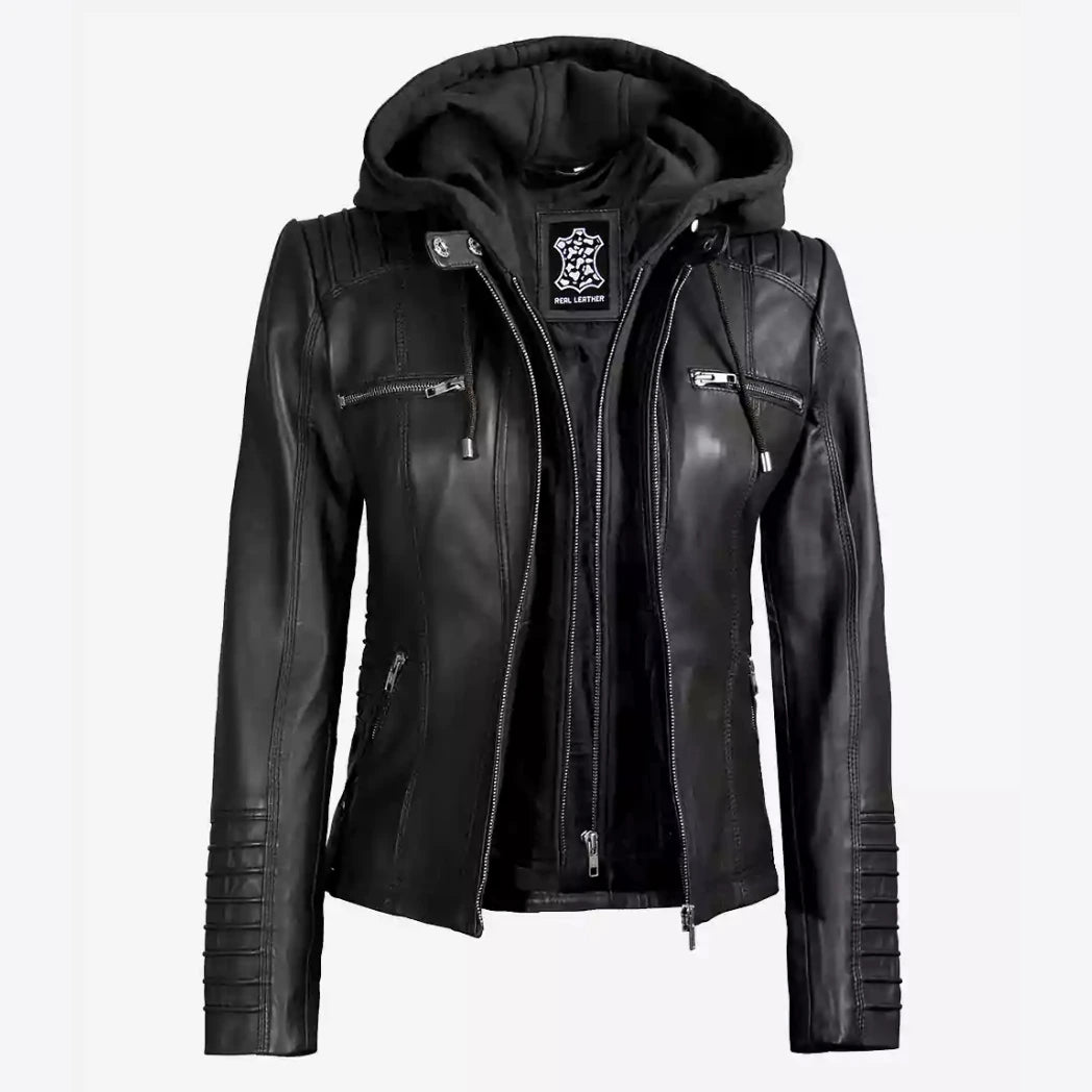 Women's Black Real Lambskin Leather Jacket with Removable Hood