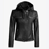 Women's Black Real Lambskin Leather Jacket with Removable Hood