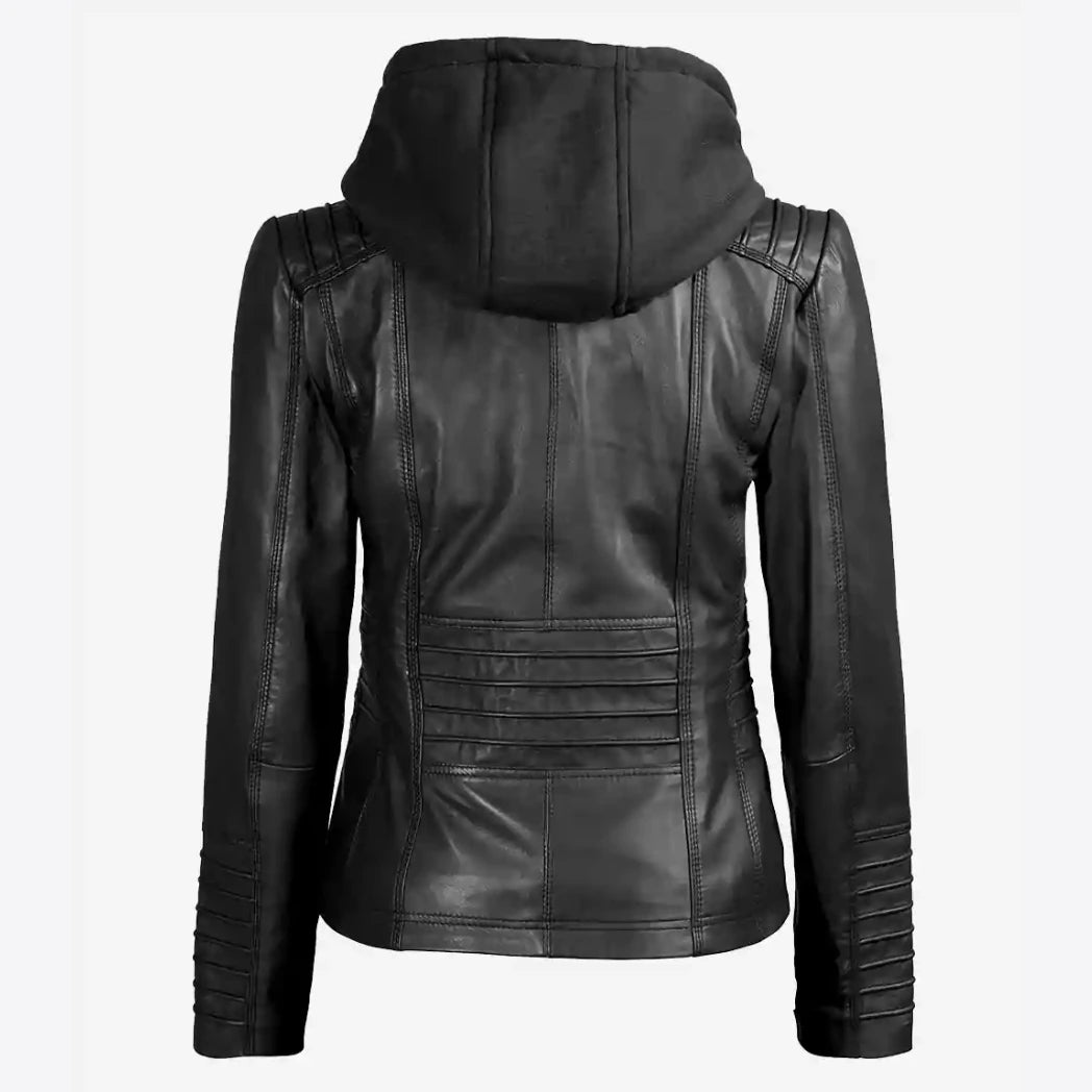 Women's Black Real Lambskin Leather Jacket with Removable Hood