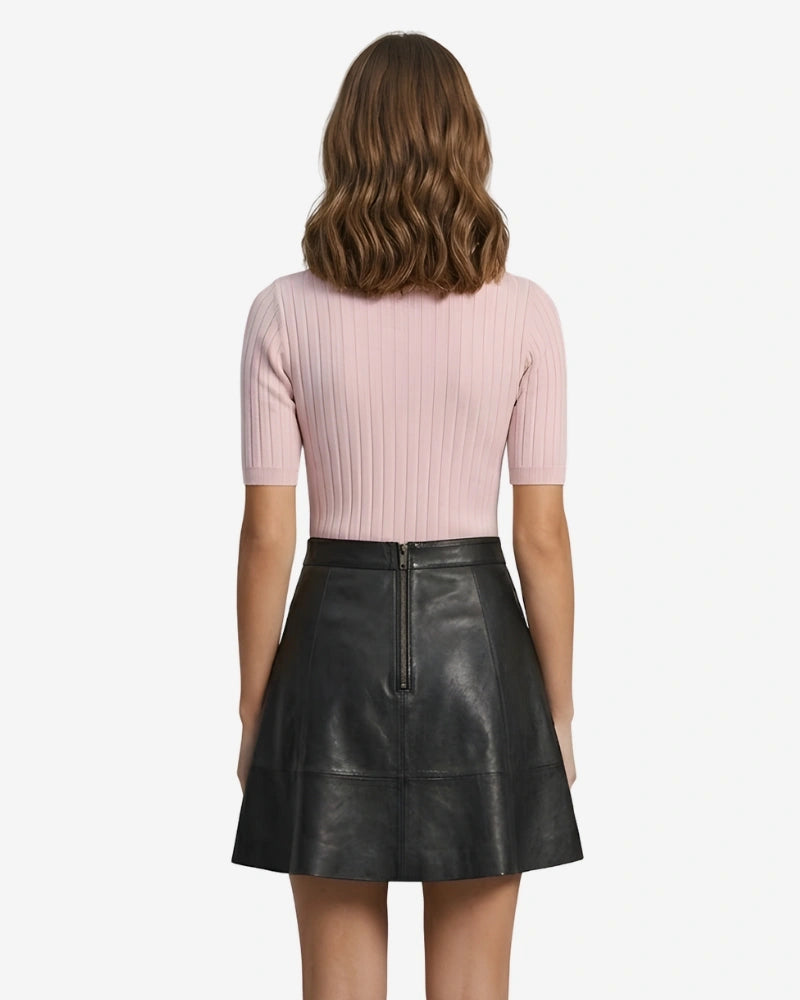 Women's Black Sheepskin Leather Flare Mini Skirt