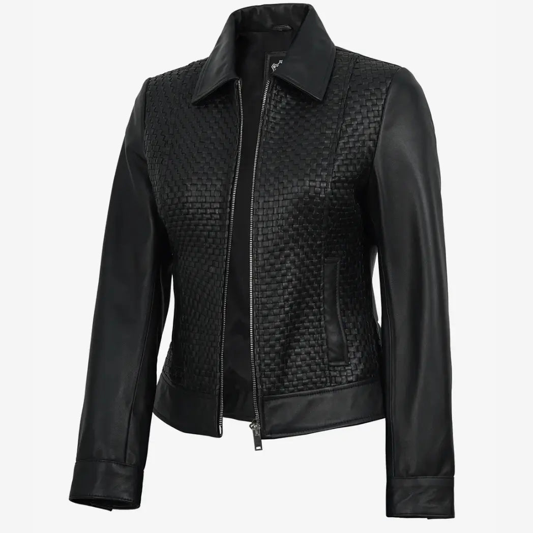 Women's Black Shirt Collar Harrington Leather Jacket