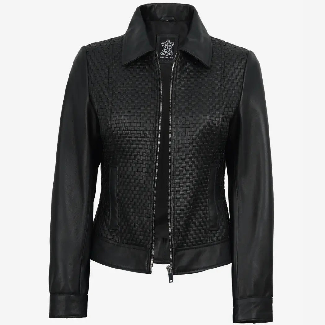 Women's Black Shirt Collar Harrington Leather Jacket