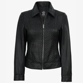Women's Black Shirt Collar Harrington Leather Jacket