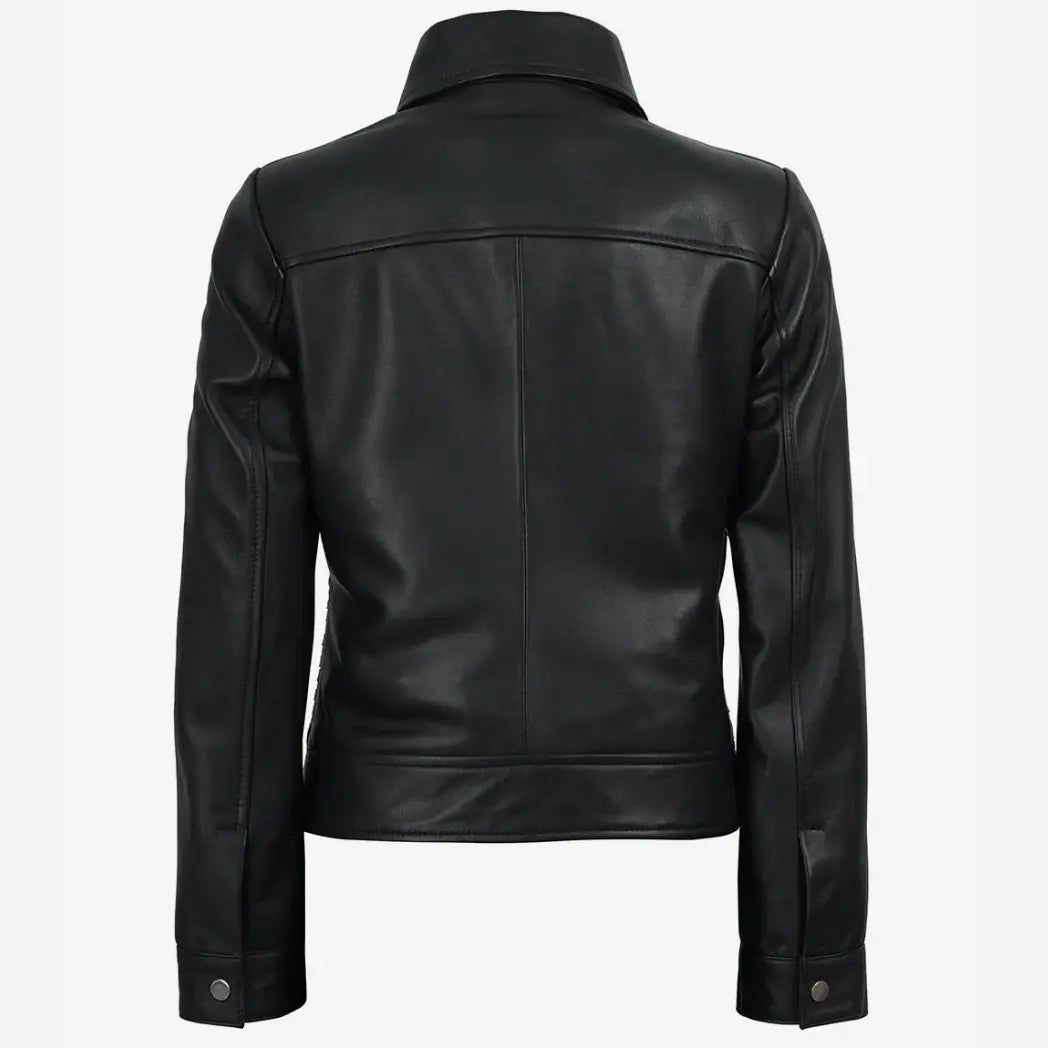 Women's Black Shirt Collar Harrington Leather Jacket