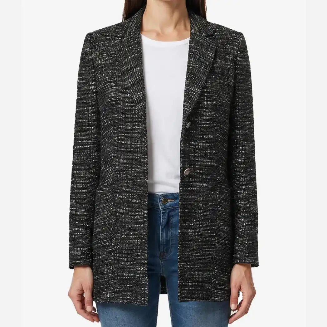 Women's Black Tweed Two Button Wool Blazer Jacket