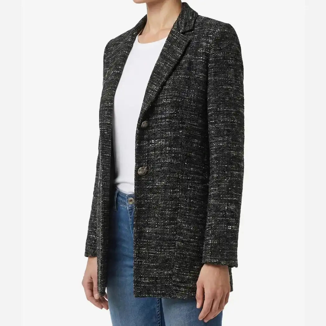Women's Black Tweed Two Button Wool Blazer Jacket