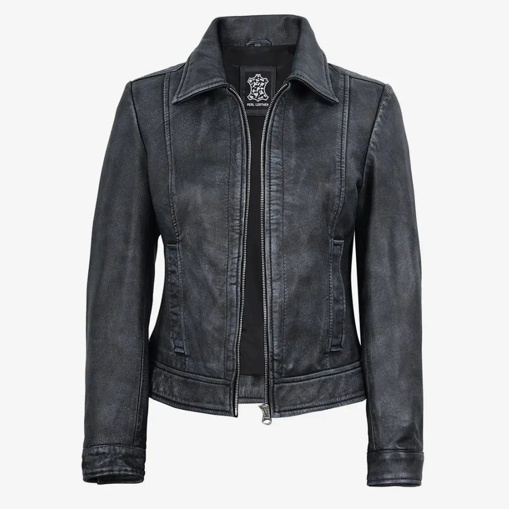 Women’s Black Washed Harrington Leather Jacket