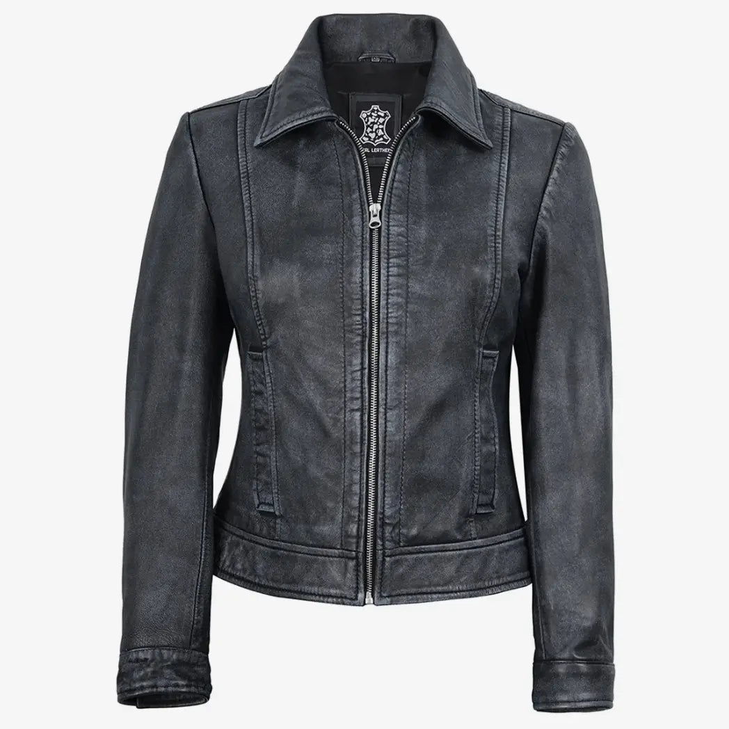 Women’s Black Washed Harrington Leather Jacket