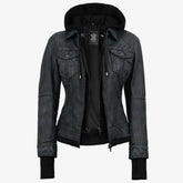 Women's Black Washed Leather Jacket with Removable Hood
