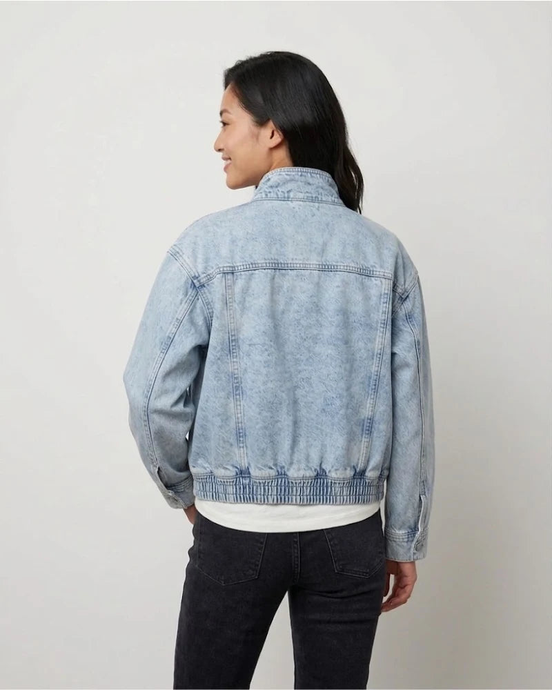 Women's Bold Faded Medium Wash Blue Cropped Denim Jacket