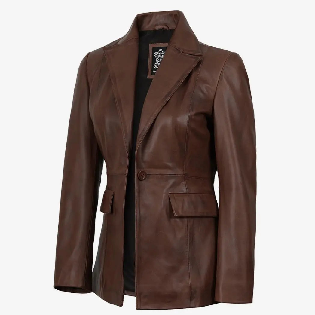 Women’s Brown Cognac Waxed Lambskin Leather Blazer