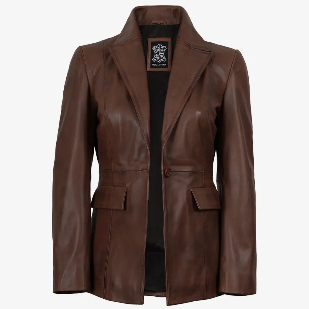 Women’s Brown Cognac Waxed Lambskin Leather Blazer