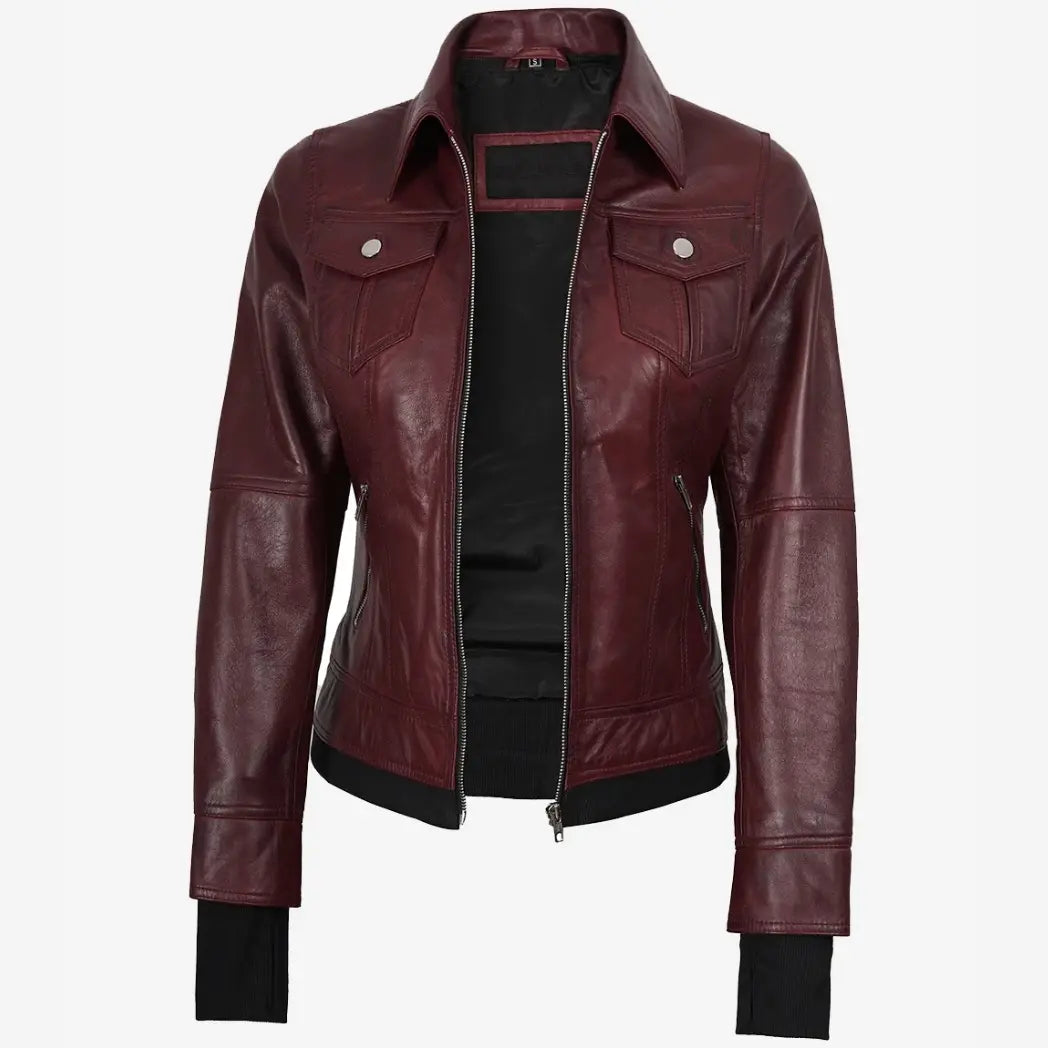 Women's Burgundy Bomber Leather Jacket With Removable Hood