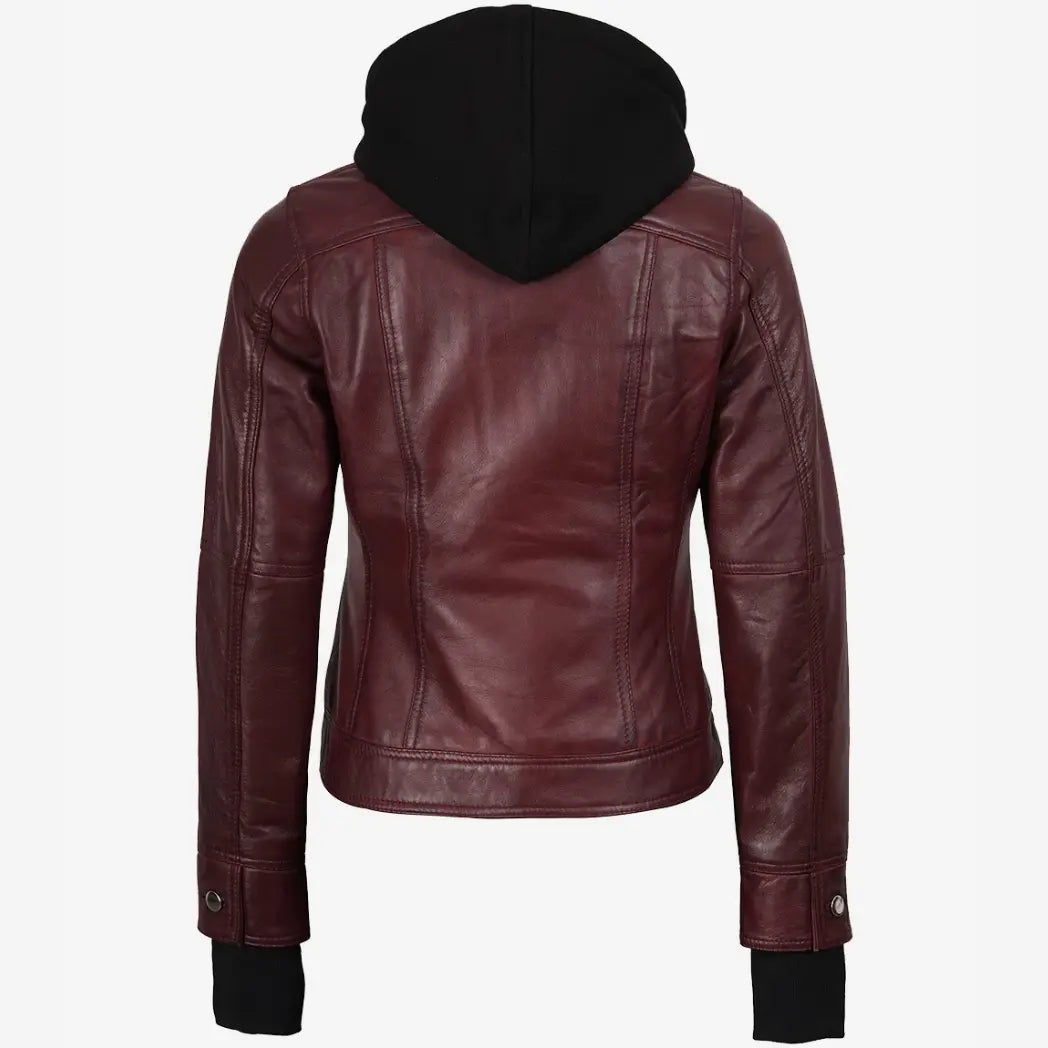 Women's Burgundy Bomber Leather Jacket With Removable Hood