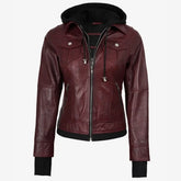 Women's Burgundy Bomber Leather Jacket With Removable Hood