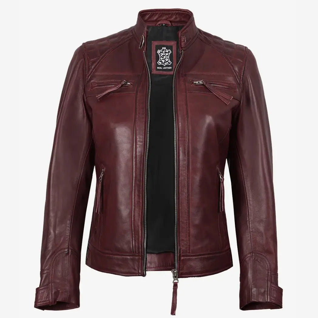 Women's Burgundy Real Lambskin Leather Biker Style Jacket