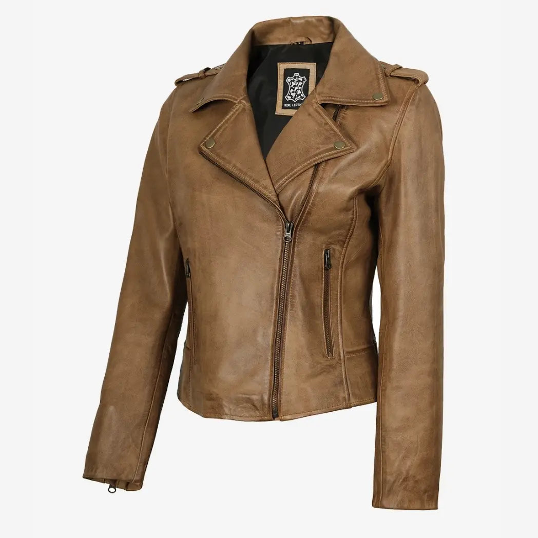 Women's Camel Brown Biker Style Lambskin Leather Jacket